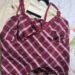 No Boundaries Burgundy and Pink Plaid Camisole